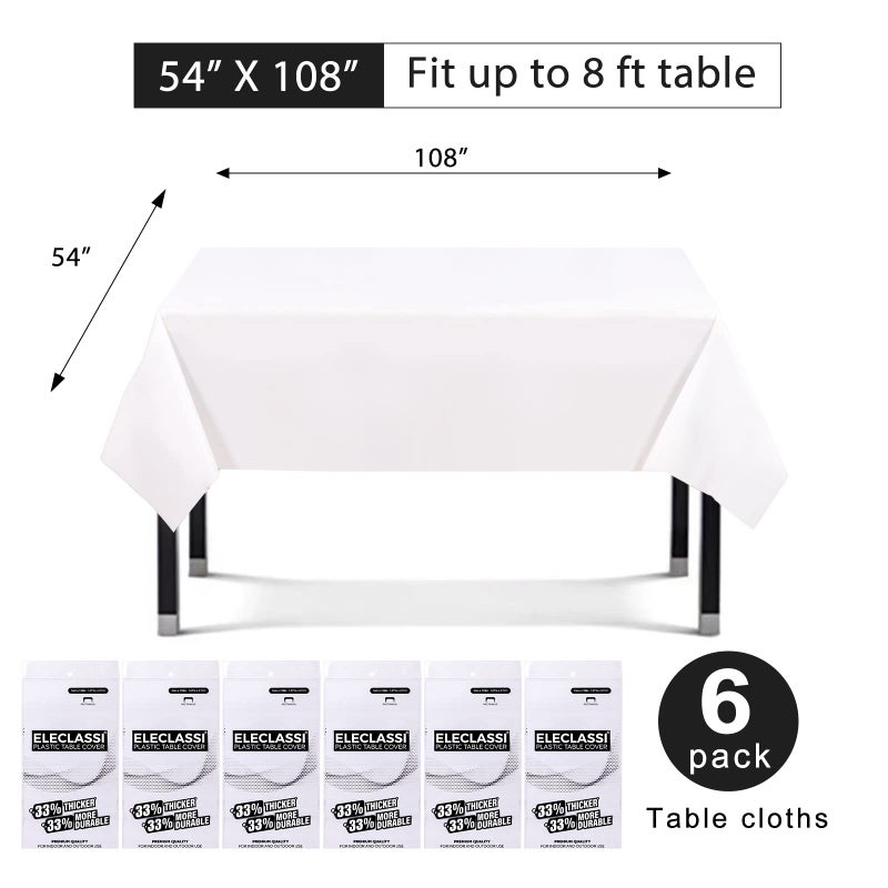 Eleclassi White 6 Pack Premium Disposable Plastic Tablecloth 54 x 108 in - Plastic Table Cloth Disposable Tablecloth for Rectangle Table Up to 8 Feet - Image 2